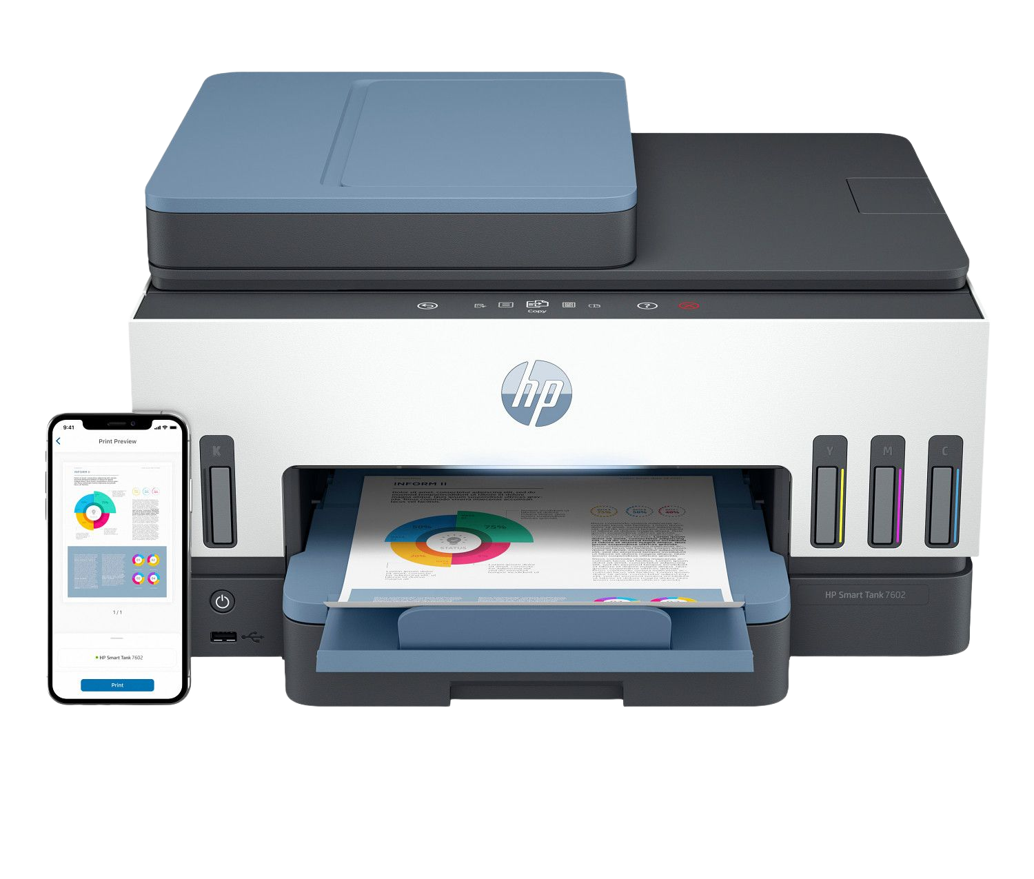 Wireless all-in-one printer printing a colour document